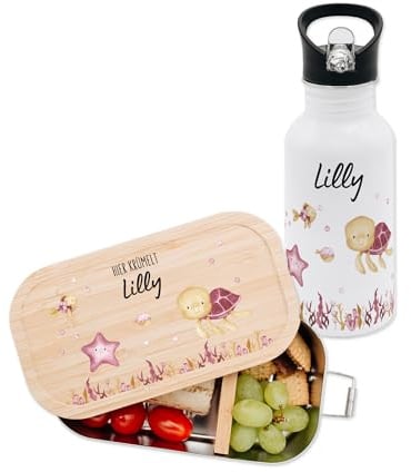 Bärenfreunde Kindergarten Set Brotdose Trinkflasche mit Namen, Jausenbox Dino