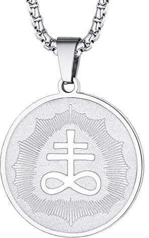 FaithHeart Silber Satanic Leviathan-Kreuz-Schwefel-Symbol-Halskette aus Edelstahl mit rundem Anhänger Medaillon Silber für Damen und Herren