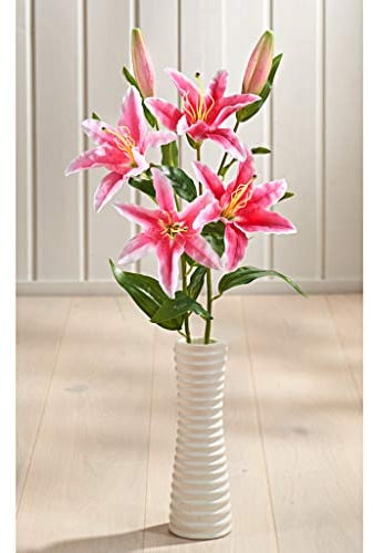 Dekoleidenschaft künstliche Lilien, Lilienzweig mit 4 rosa Blüten und 2 Knospen, 60 cm hoch, Kunstblume, Dekozweig, Plastikblumen wie echt, Kunstpflanze