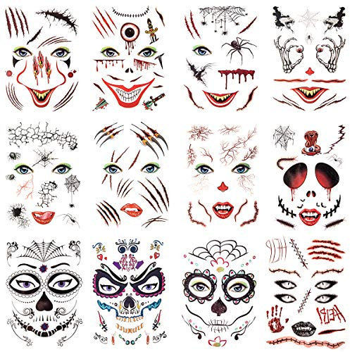 12 Fogli Halloween Tatuaggi Temporanei,Halloween Tatuaggi Viso,Scheletro Rose viso,Giorno della morte Tatuaggio,morte Tatuaggio temporaneo,Per Donna Uomo Adulto Bambini Halloween Party Trucco