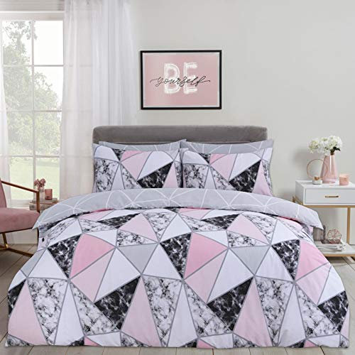 Dreamscene Set di biancheria da letto con copripiumino in marmo geometrico con federe reversibili, colore grigio rosa cipria - matrimoniale