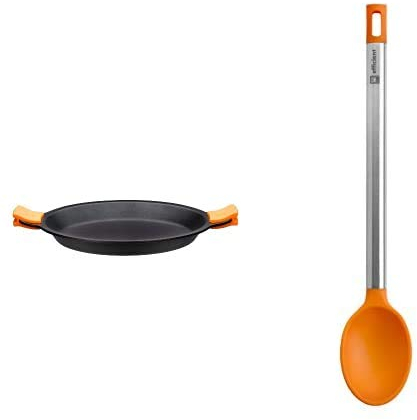 BRA Paellera, Negro, 36 cm + Efficient Pinza de Cocina, Acero INOX, Nailon y Silicona, Naranja, 28.5 cm