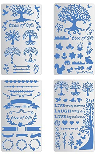 BENECREAT 4 STÜCKE 10x17,5cm Baum des Lebens Metallschablonen Tierblätter Rebenschablonen Vorlagen für Holzschnitzereien, Zeichnungen und Holzverbrennung, Gravur und Scrapbooking-Projekt