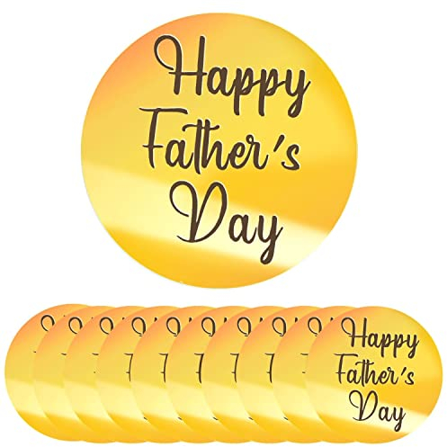 10 Pieces Happy Father’s Day Acrylic Cupcake Toppers Round Mirror Engraved Cake Topper Cupcake Decorations for Birthday Party (Gold)