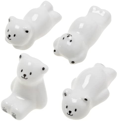 4 Pieces White Bear Chopstick Holder Ceramic Polar Bear Chopstick Pillow Rest, Cute Porcelain Cartoon Animal Tableware Rack Stand for Spoon Fork Knife Brush, Home Kitchen Table Decoration