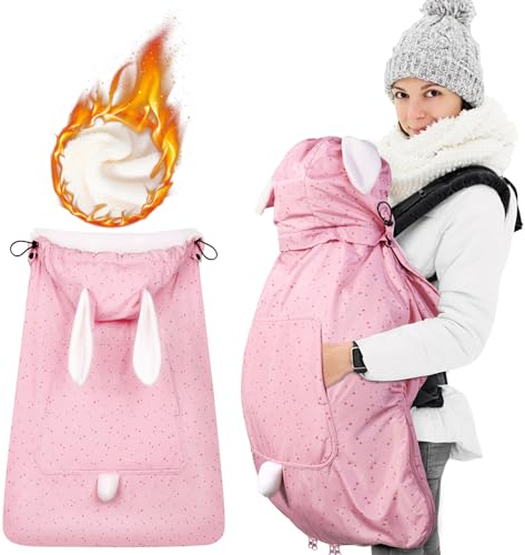 Orzbow Winter Tragecover für Babytragen,Universal Regenschutz für Tragetücher mit Tasche,Abnehmbare Kapuze mit Kordelzug,Warmes Polarfleece-Futter,Unterer Reißverschluss,Wasserdichte (Rosa Kaninchen)