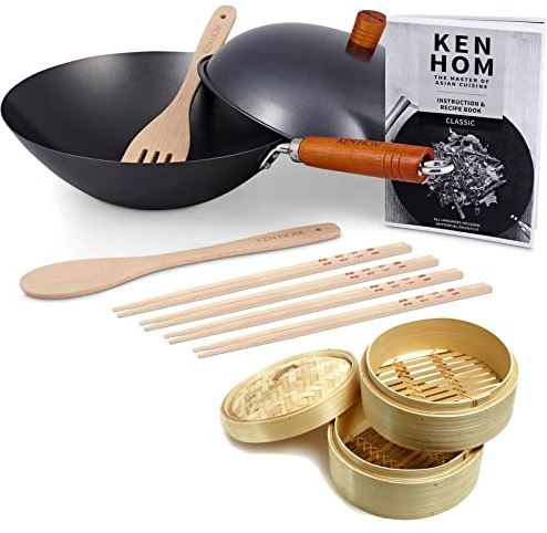 Ken Hom 14-tlg. Wok Set 31 cm mit Holzgriff Antihaft Karbonstahl - Set inkl. Dampfkorb Ø 20 cm & 8 Stäbchen - Wokpfanne ohne Induktion