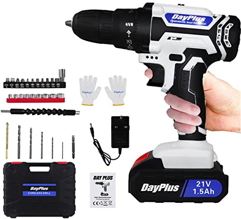Cordless Drill Set with 1 x 1500mAh Battery & Charger Power Tool Kit | 21V Electric Combi Drill and Screwdriver Set, 2-Speed, 45Nm, 25+1 Torque, Forward * Reverse Rotation, 29pcs Accessories