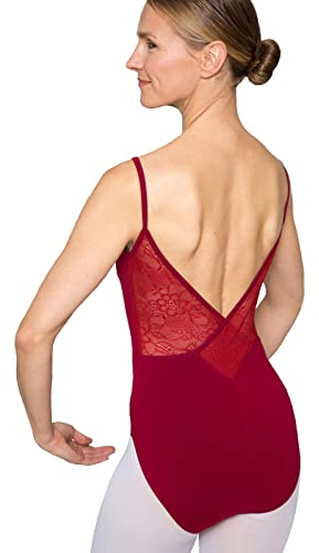 tanzmuster Ballett Trikot Damen Spaghettiträger - Nadine - BH-Pad-Einschub - tiefer Rücken mit geblümter Spitze - burgunder 38 - roter Tanz Body aus Baumwolle - Ballettkleidung für Erwachsene