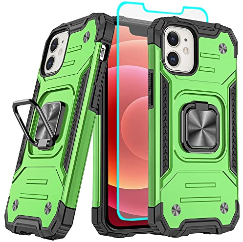 Cuoqing for iPhone 12 Case with Screen Protector, 360°Military Grade Rotatable Kickstand (Heavy Duty) Shockproof Protective Cases for iPhone 12 phone case（green）
