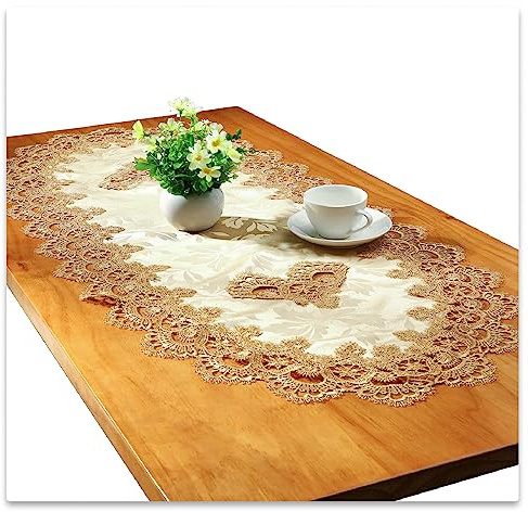 Spitze Oval Tischläufer Gestickte Tischdecke Spitze Deckchen Deckchen Oval Decke Handtuch Für Wohnzimmer Schrank Couchtisch, 50x110cm, Gold