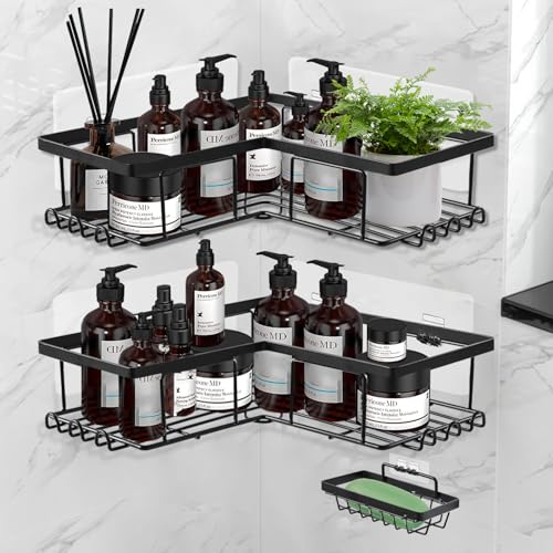 WUFANC Badezimmer Duschablage Ohne Bohren Schwarz 3er Set Mit 2xEdelstahl Duschregal Ecke, 1xSeifenhalter und 10xAbnehmbaren Haken Ohne Bohren, Dusche Halterung für Badezimmer, Küche (Ecke)