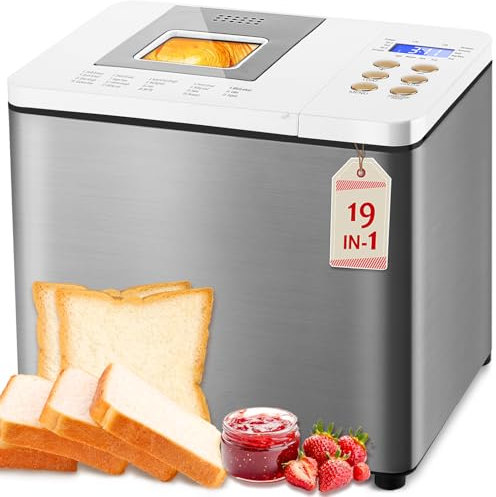 KEEPEEZ Máquina de pan de doble calentador, máquina de pan horizontal 19 en 1, sin gluten, masa madre, masa de pizza, mermelada, ajuste de salteado, acero inoxidable, pan de 2 libras, 3 colores de