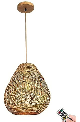 KEFA Wireless Battery Operated Pendant Light Fixture with Remote, Non Hardwired Hanging Ceiling Light, Hand Woven Rattan Large Pendant Lighting/Chandelier for Kitchen Island Bedroom Living Dining Ro