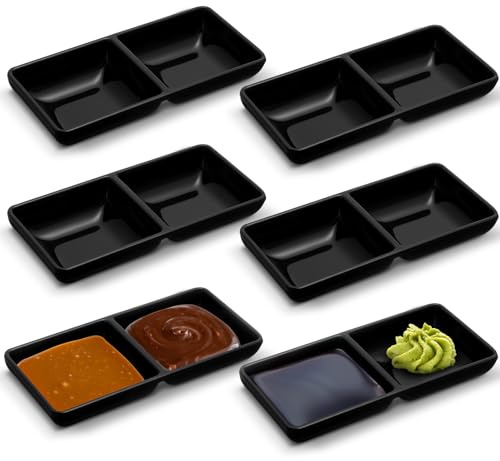 Gejoy 6 cuencos dobles para salsa, cuencos dobles de melamina, cuencos de soja, dos compartimentos, bandejas de fiesta, platos de fondue divididos para restaurante, cocina, sushi, salsa de soja, color