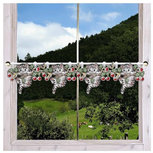 Feenhaus-Scheibengardine Kätzchen aus Echter Plauener Spitze Spitzengardine mit Katze und Kirschen 17 x 74 cm