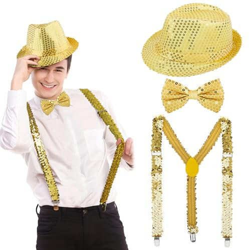 BOFUNX Silvester Kostüm Accessories, Pailletten Zylinder Hut Hosenträger und Fliege glitzer Silvester Outfit für Karneval Mottoparty JGA Herren Damen Kostüm Zubehör