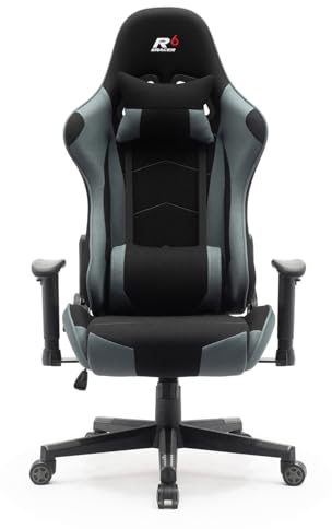Superkancl Stoff-Gaming Stuhl SRACER R6, Gaming Stuhl bis 130 kg, Racing Stuhl mit Kopfstütze, mit Lendenwirbelstütze, mit 2D-Armlehnen, schwarz-grau