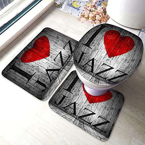 Set 3 Teilig Badvorleger Liebe Jazz Schriftart Herz Textur Holz Badgarnitur Badematten Dekorative rutschfeste Fußmatte Set, Für Wc-Sitz Bezug, Badewanne