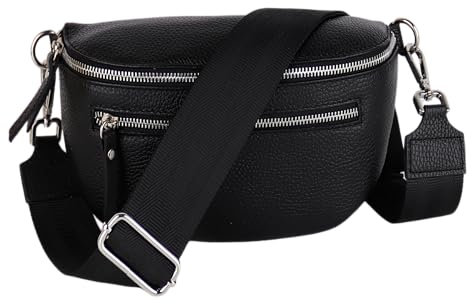 MIRROSI® Damen Bauchtasche Umhängetasche 27x14,5x8cm Damen, Made in Italy, aus Echtleder Tasche Echtes Leder, Brusttasche, Crossbody Bag,Bohemian Style (1 Tasche 2 Gurte) (Schwarz Einfarbig)