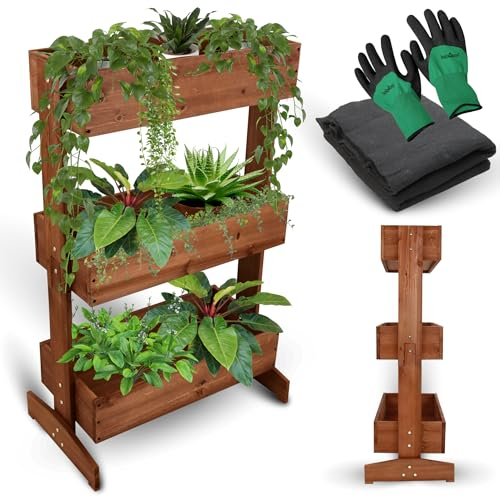 holz4home® Hochbeet mit 3 Etagen I inkl. Gartenvlies & Gartenhandschuhe I Blumenkasten Blumentreppe Gemüsebeet Kräuterbeet Pflanzkübel Blumenbeet Pflanzkasten