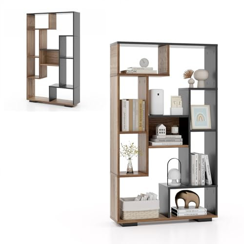 HOMASIS Bücherregal mit 9 Fächern, Würfelregal mit offenen Ablagen, Standregal Holz geometrisch, Aufbewahrungsregal mit Kippschutz, Raumteiler für Wohnzimmer Arbeitszimmer, 70x20x120cm (Schwarz+Natur)