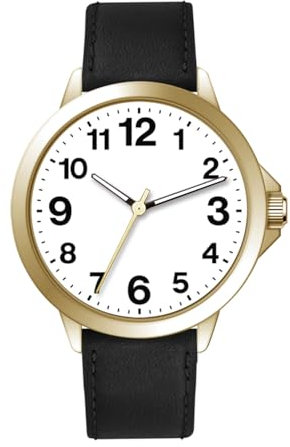 NUOVO Herrenuhr Schwarz Lederarmband Gold Gehäuse, weißes Zifferblatt, Easy Reader 45 mm Analoge Quarzuhr Arabische Ziffern Klassisch wasserdicht