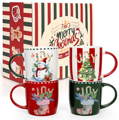 Homlouue Christmas Mugs Set of 4, Christmas Coffee Mugs with Festival Design, Christmas Gifts for Family Friends, Merry Christmas Mugs with Snowman Christmas Tree Stocking, Holiday Decor, 11 Oz