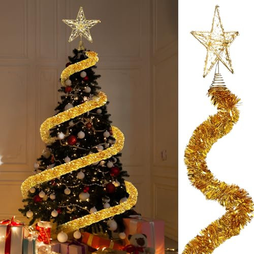 Gejoy Weihnachtsbaumspitze mit LED-Lampe, 30,5 cm, Metall, glitzernd, hohl, Baumspitze mit 10 m Metallic-Lametta-Girlande für Weihnachtsbaumschmuck, Urlaub, Partyzubehör (Gold), 2 Stück