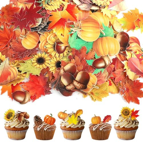 280pcs Edible Fall Cake Decorations, Edible Sunflower Fall Leaf Pumpkin Cupcake Toppers Autumn Edible Cake Decors for Baking Food Thanksgiving Party Supplies(40 Styles)