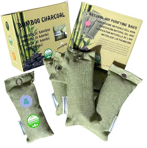 Mh MediterraneanHabitat - 4 sachets de charbon actif de bambou de 75 g. Déshumidificateur, purificateur d'air et éliminateur d'odeurs naturel pour maison, voiture et placards, 4 sacs en carbone actif