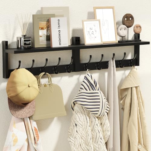 AMBIRD Extra Long 34.2 Inch Wooden Wall Coat Rack with Shelf, Versatile and Decorative Wall Mounted with 10 Hooks for Coats, Hats, Keys, Scarves