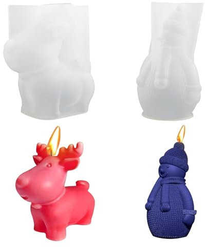 Confezione da 2 stampi per candele in silicone 3D, stampo per candele natalizie, stampo per candele in silicone, cervo, pupazzo di neve di Natale, per stampo per candele in silicone fai da te, decoraz