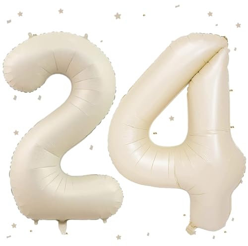 UDRKFOPK Beige Luftballon 24, 40 Zoll Creme Weiß Folienballon 2&4, Beige Zahlenballon 24 Helium Ballon Luftballon 24 für 24th & 42th Geburtstag, Mädchen & Junge