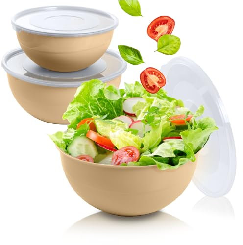 EDANTI Lot de 3 grands saladiers avec couvercle - 2 à 5 l - En plastique - Idéal pour mélanger et servir - Beige