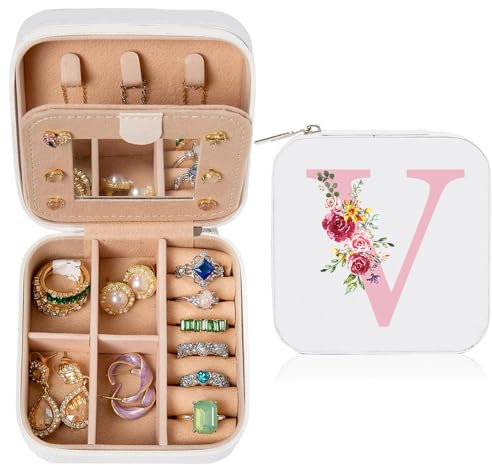 hamatata Iniziale Portagioie per ragazze e donne, regalo personalizzato per donne, piccolo portagioie con nome, da viaggio, con specchio, regalo per compleanno, festa della mamma, matrimonio (V)