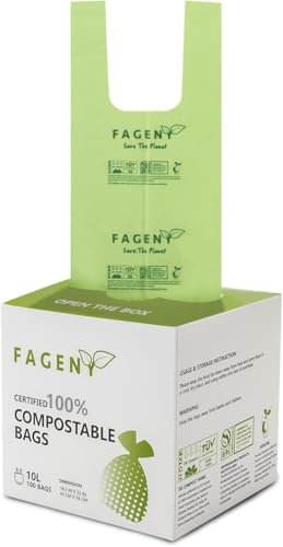 Fageny Handle Tie Food Waste Bags 100% Compostable Biodegradable Bin Liners, Eco Friendly Compostable Caddy Liners Certified by BPI and OK Compost Meeting EN13432 Standards, 6L