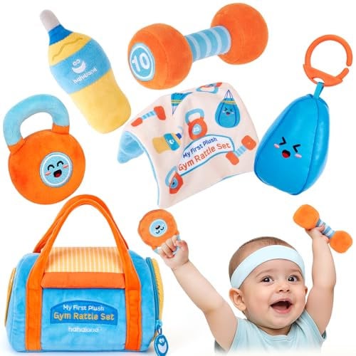 hahaland Rattle Gym Plush Set 0-12 Months Baby Toys - Sensory Toys with Dumbbell & Carry Bag, Sport-Themed Gifts for Baby Shower, Tummy Time Toys for Newborns to 1 Year Old Boys Girls