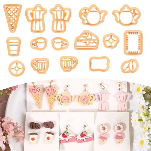 Puocaon Coffee Cups Clay Cutters - 17 Pcs Coffee Clay Cutters, Afternoon Tea Cutter, Ice Cream Cake Teacup Pattern Earring Making Kit for Designing Jewelry