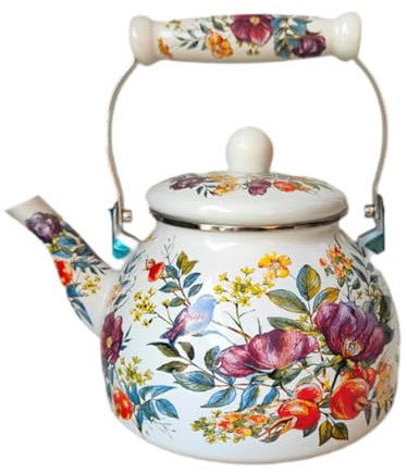 LOVIVER Enamel Teapot Water Pitcher Multifunctional Juice Water Jug Large Capacity with Lid 2.5L Floral Enamel Pot Household,