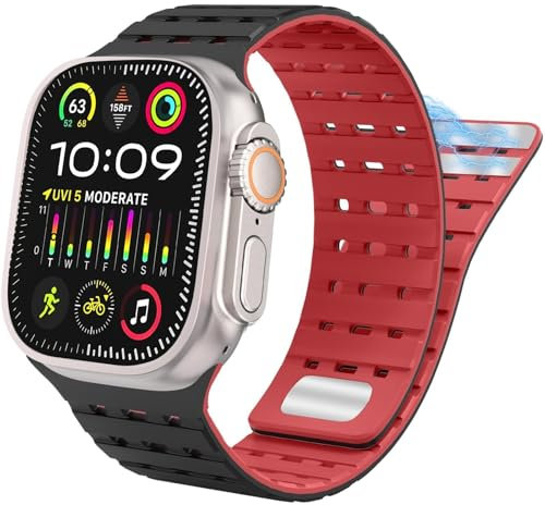 ZUC Para Apple Watch Band 49 mm 45 mm 44 mm 42 mm Bandas para mujeres y hombres, correa deportiva de silicona magnética para iWatch SE SE2 y Series 9/8/7/6/5/4 Ultra 2/Ultra(Black Red)