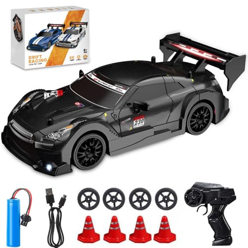 KUWUNG RC Drift Car, 1:24 Remote Control Cars with Cool LED Lighting, 2.4 GHz Rechargeable Mini RC Drift Car, 30km/h, 4WD Toy Vehicle Gift for Kids and Adults