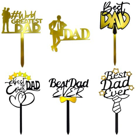 6 PCS Happy Father's Day Cake Topper - Acrylic Dad Cupcake Topper Picks, Father's Day Golden Glitter Cake Decoration for Dad Party Supplies