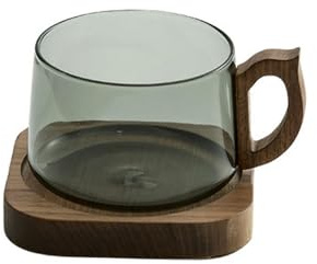 Tasse chinoise en verre de couleur unie 270 ml, simple, résistante aux hautes températures, délicate et pratique, tasse à café + soucoupe en bois