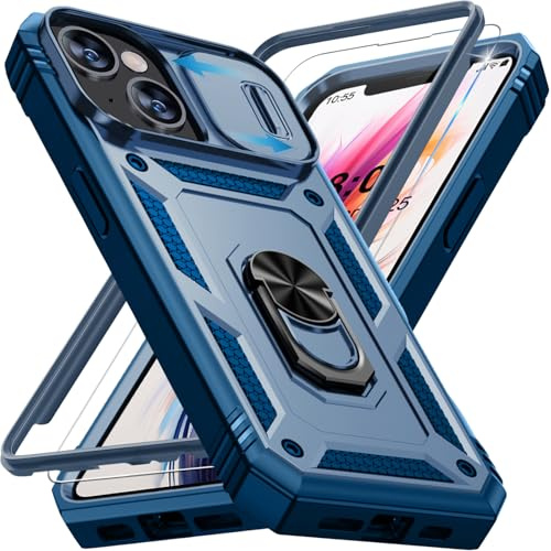 Giyer Handyhülle für iPhone 14 Hülle mit Schutzfolie, Panzerhülle Case mit Kameraschutz 360° Metall Ring Ständer Stoßfest Bumper Schutzhülle für iPhone 14 Cover Tache (Blau)