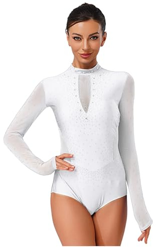 Mufeng Damen Gymnastikanzug Glitzer Turnanzug Strass Glänzend Ballettanzug Langarm Gymnastik Leotard Wettbewerb Tanzkostüm