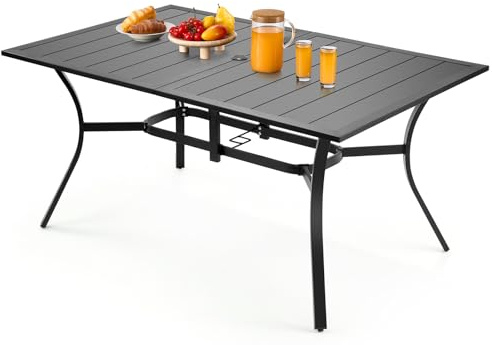 VEVOR Mesa de Patio para Jardín, 1500 x 960 x 725 mm, Rectangular, de Acero al Carbono, para Patio, Jardín, Terraza, Impermeable, con Orificio para Sombrilla de 38 mm, Carga de 68 kg, Color Negro