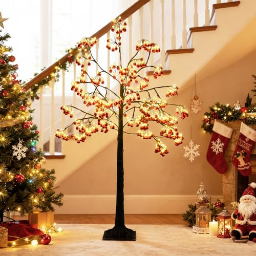 COSTWAY LED Lichterbaum 150 cm, beleuchteter Leuchtbaum mit 480 warmweißen LED-Lichtern & 384 roten Kugeln, LED-Baum Dekobaum mit biegsamen Zweigen, Weihnachtsdeko für innen & außen
