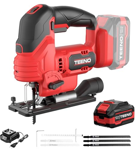 TEENO Scie Sauteuse Sans Fil pour Batterie Makita 20 V, 800-3000 SPM Scie Sauteuse Laser avec 5 lames, Inclinaison ± 45°, 6 vitesses, LED, coupe du bois,plastique,Métal (Une Batterie, 4.0 Ah)