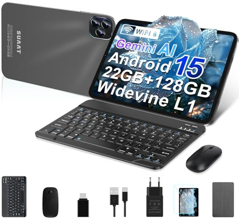 GOODTEL Android 15 Tablet 10.1 pulgadas 22GB RAM + 128GB ROM (2TB TF), Octa-Core, Wi-Fi 5G, Gemini AI, GMS, Widevine L1, 8MP + 5MP, Tipo C, OTG, Cast, Tablet PC con funda, teclado y ratón, negro